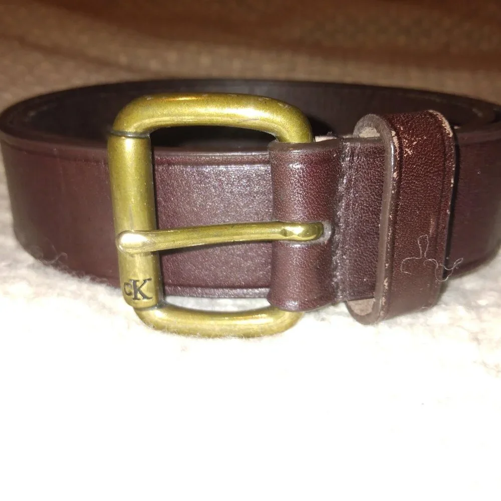 Calvin Klein Brown Leather Belt L Brass Roller Buckle Quiet Luxury Minimalist